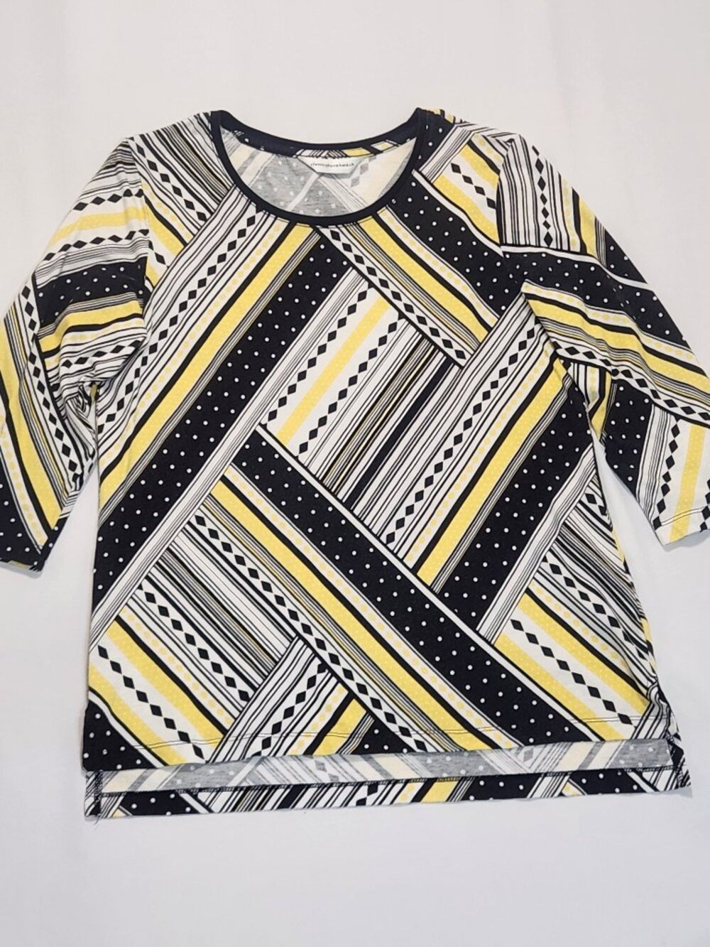Christopher & Banks Women Geometric Patchwork Tunic Blouse Yellow Black ¾ Sleeve